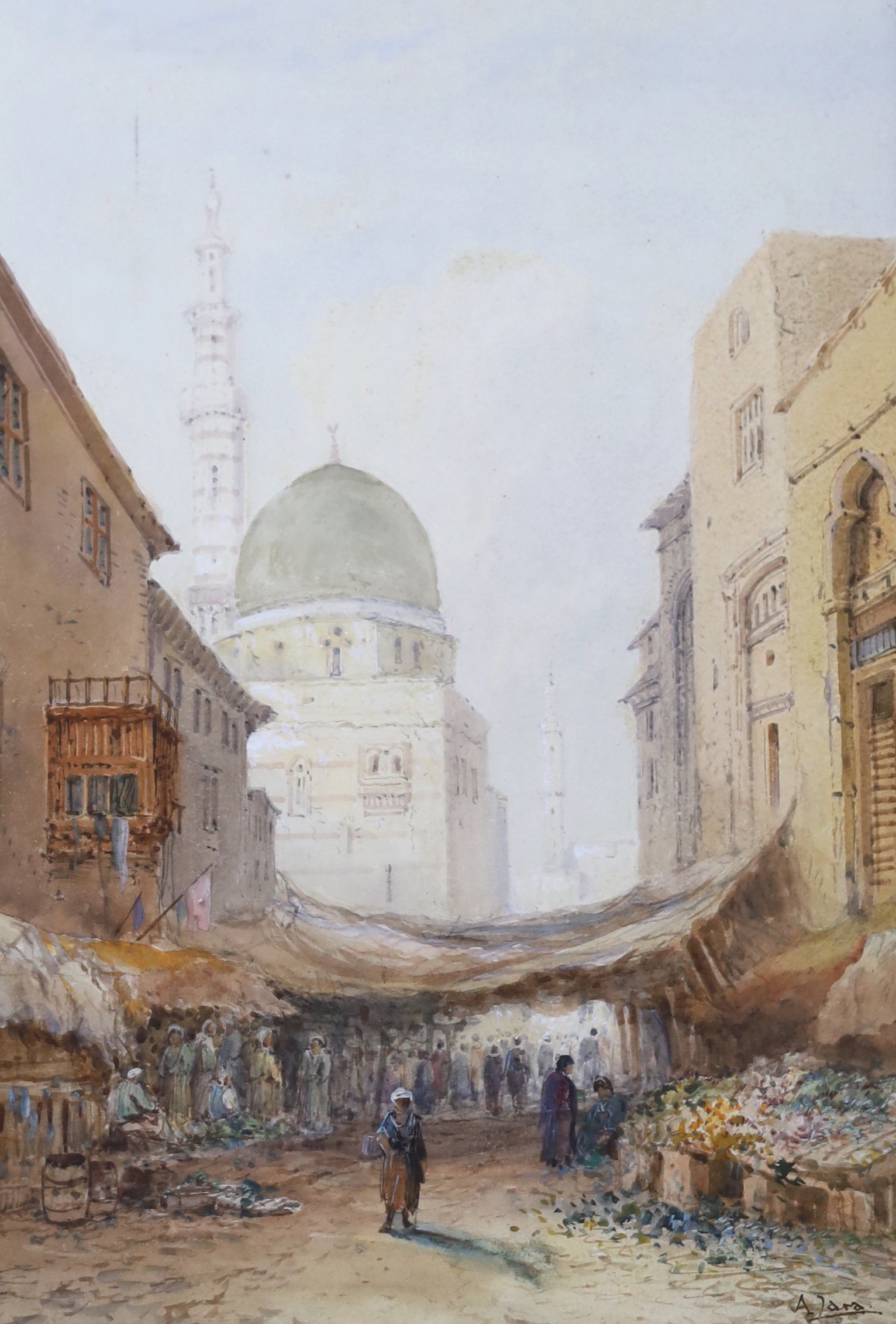 A. Zara (Egyptian), heightened watercolour, Cairo street scene with market sellers, signed, inscribed verso, 46 x 32cm